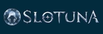 Slotuna logo, silver logo and text on blue background