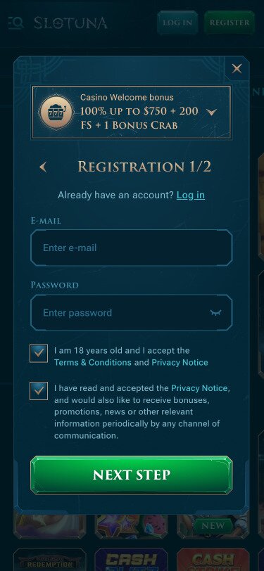 Slotuna Mobile Registration Page Screenshot