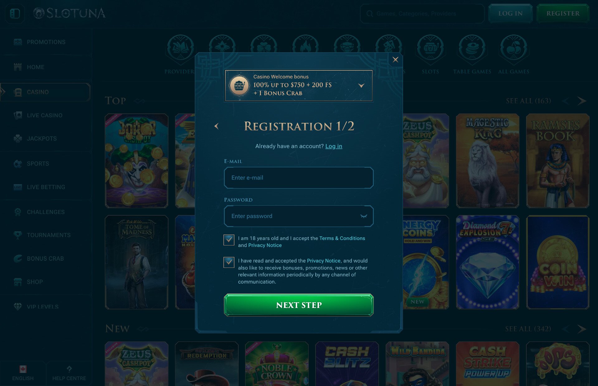 Slotuna Registration Page Screenshot