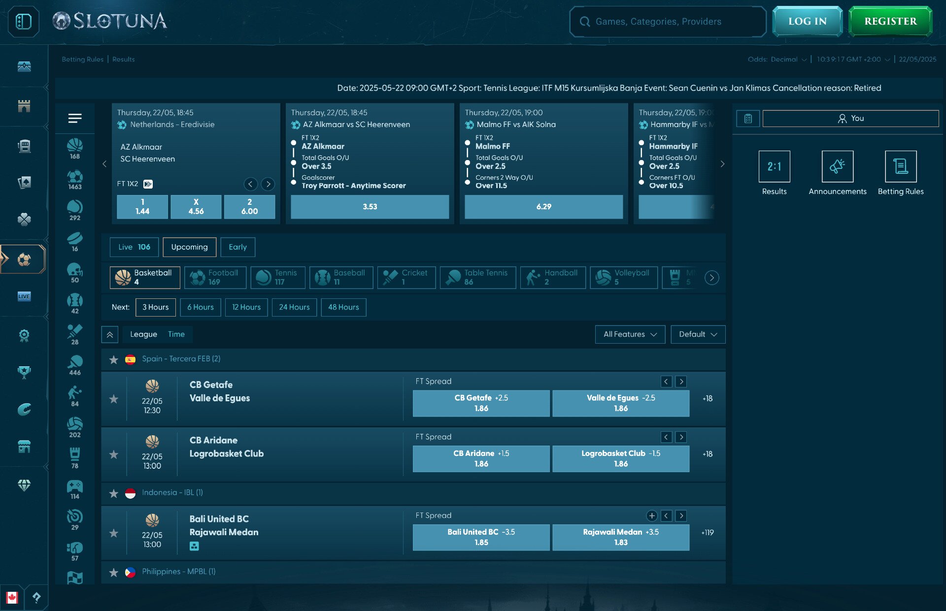 Slotuna Sportsbook Page Screenshot