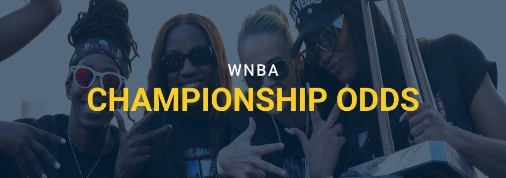 Group of women celebrating with a trophy, overlaid with text “WNBA Championship Odds” and GamblingSites.com logo.