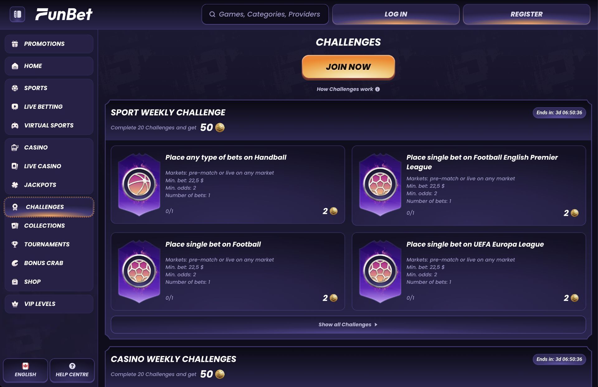 FunBet Challenges Page Screenshot