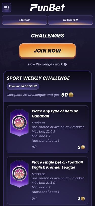 FunBet Mobile Challenges Page Screenshot