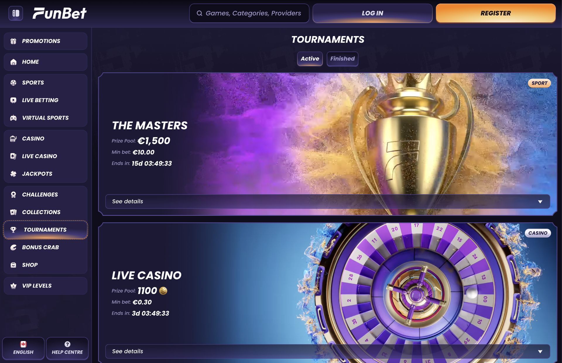 FunBet Tournaments Page Screenshot