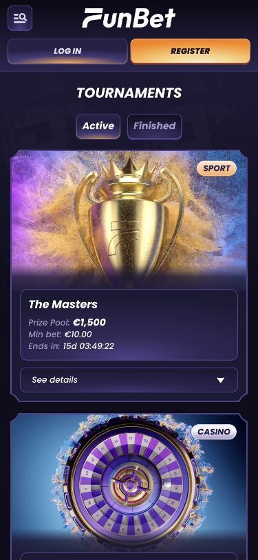 FunBet Mobile Tournaments Page Screenshot
