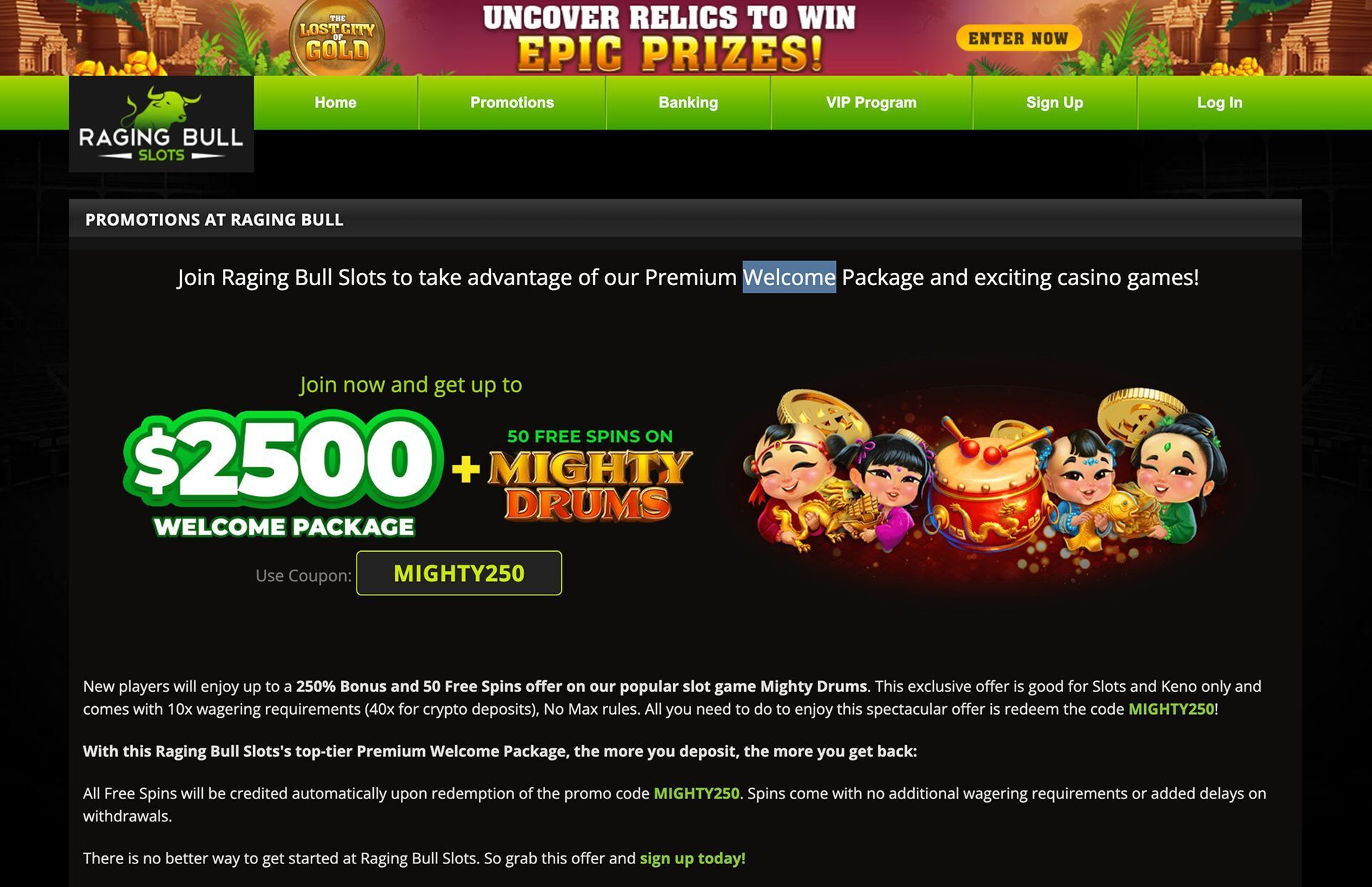 Raging Bull Slots Promotions Page Screenshot