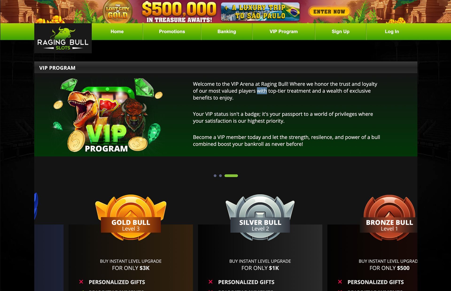 Raging Bull Slots VIP Page Screenshot