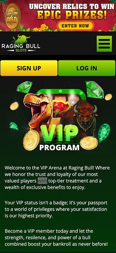 Raging Bull Slots Mobile VIP Page Screenshot