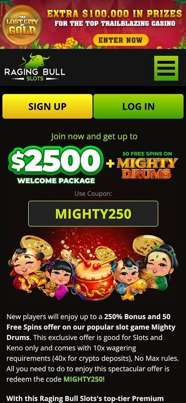 Raging Bull Slots Mobile Welcome Bonus Page Screenshot