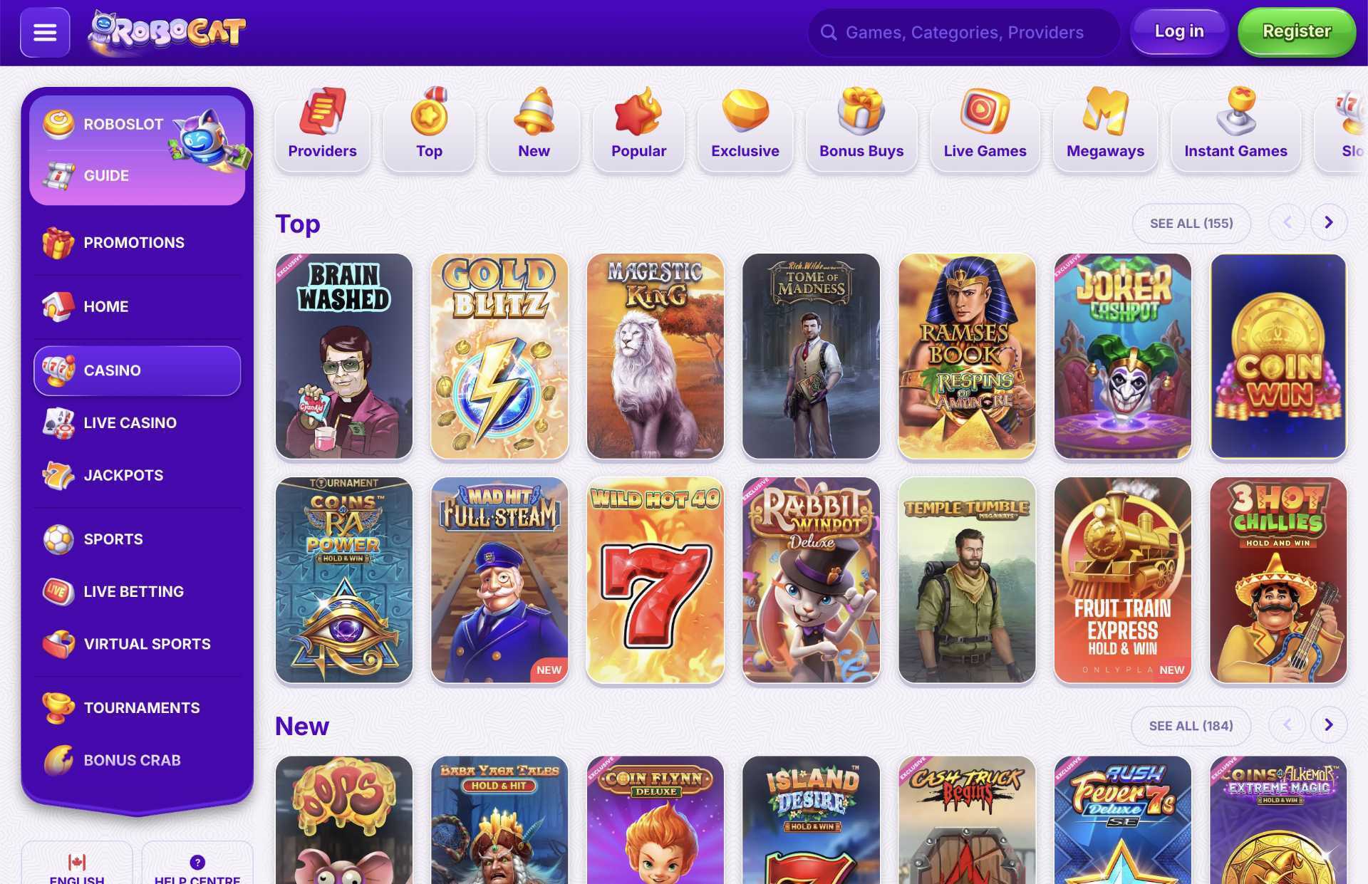 RoboCat Casino Games Page Screenshot