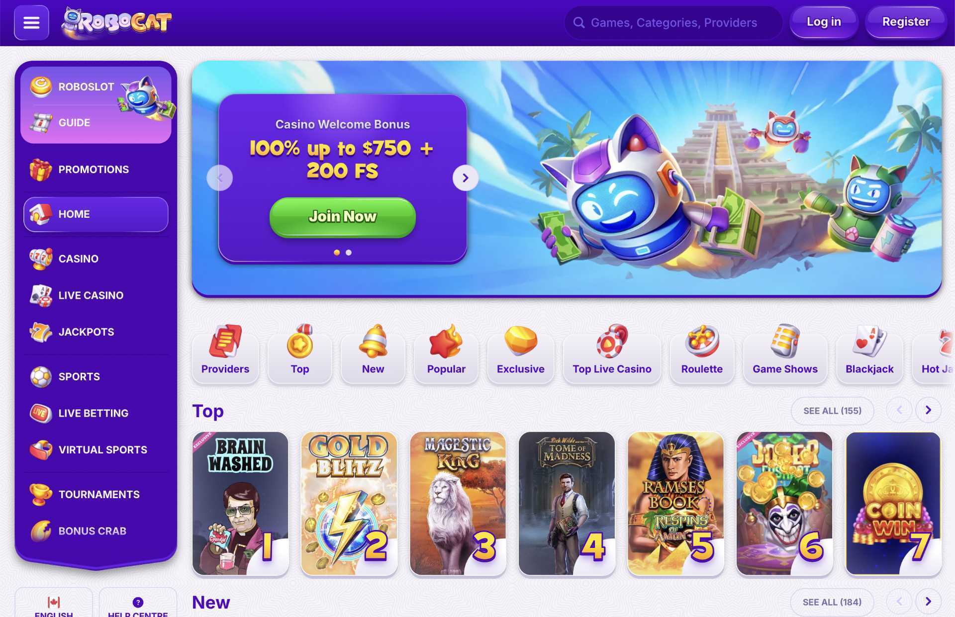 RoboCat Casino Homepage Screenshot