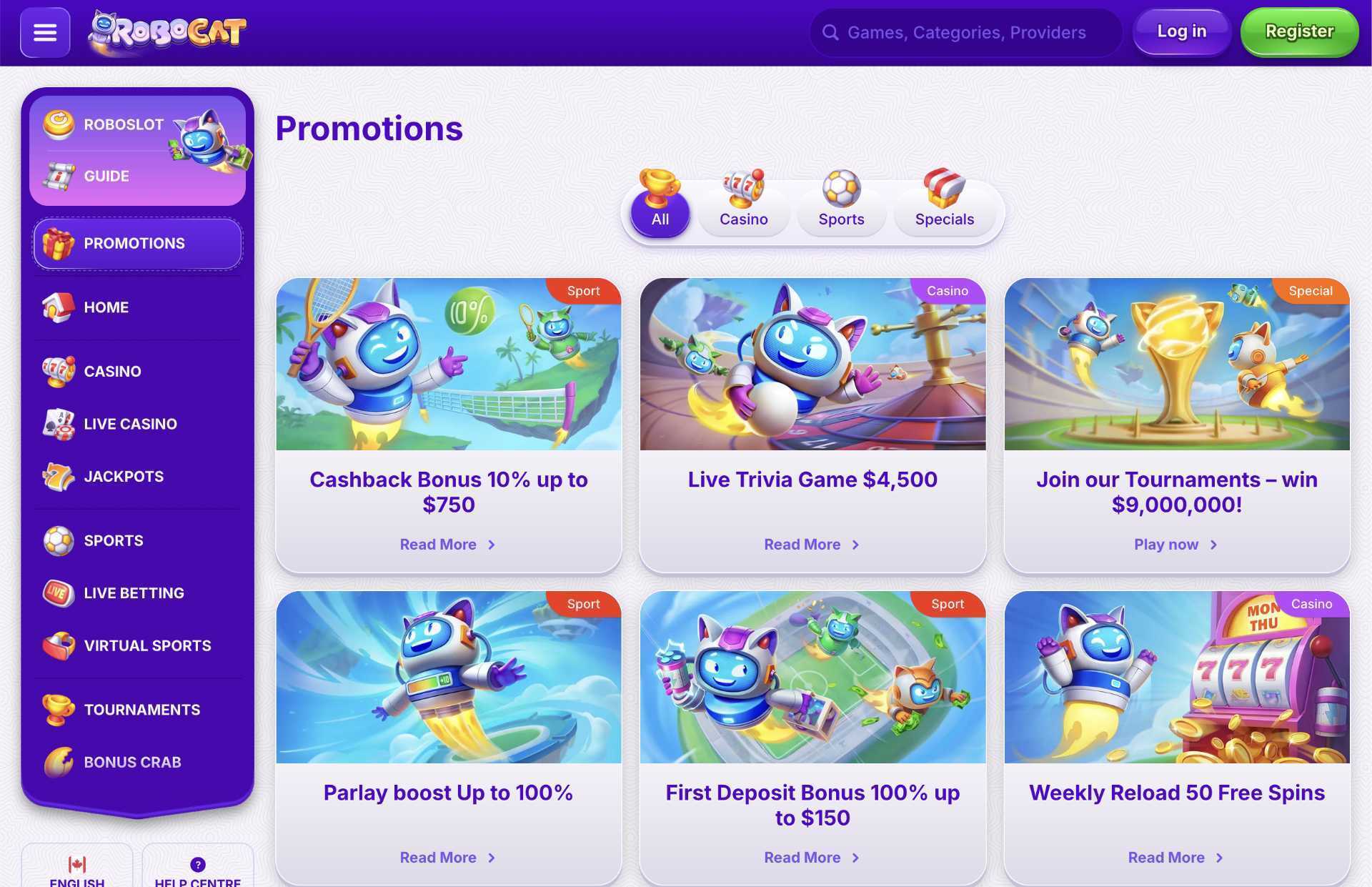 RoboCat Casino Promotions Page Screenshot