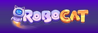 RoboCat Casino logo, pink and orange text on purple background