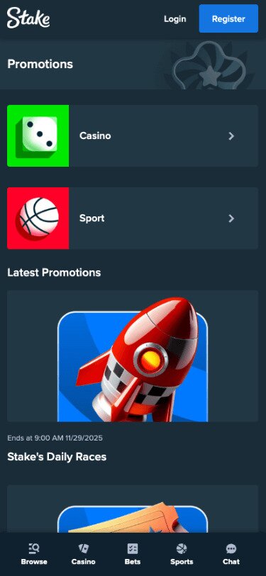 Stake Mobile Promotions Page Screenshot