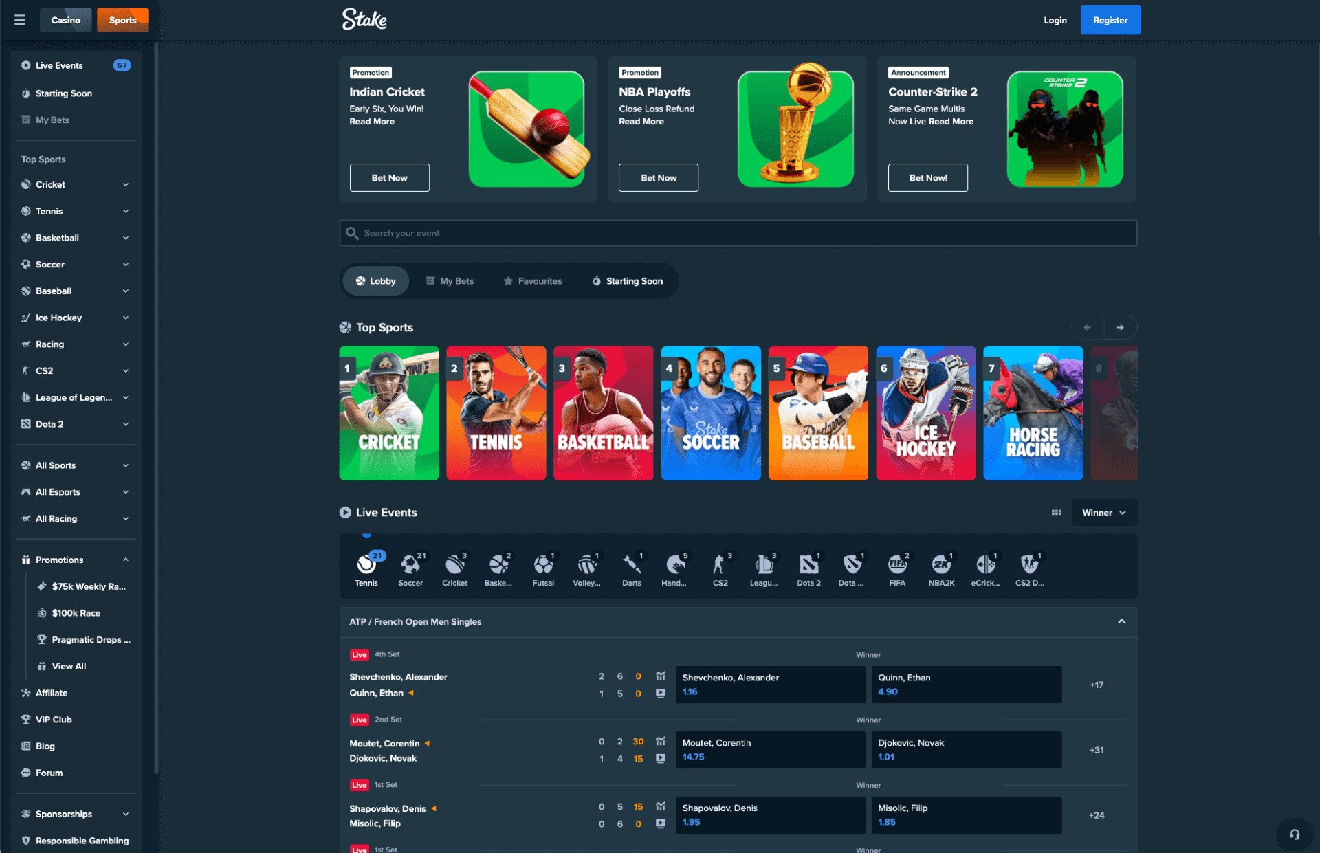 Stake Sportsbook Page Screenshot