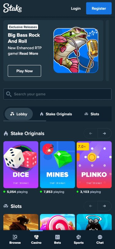 Stake Mobile Games Page Screenshot
