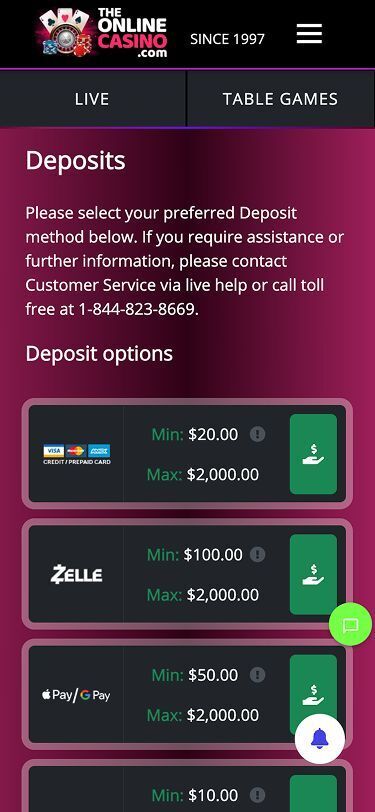 The Online Casino Mobile Deposits Page Screenshot