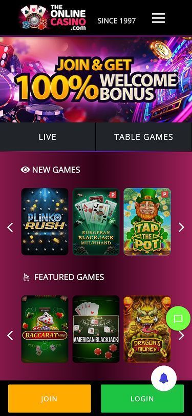 The Online Casino Mobile Home Page Screenshot