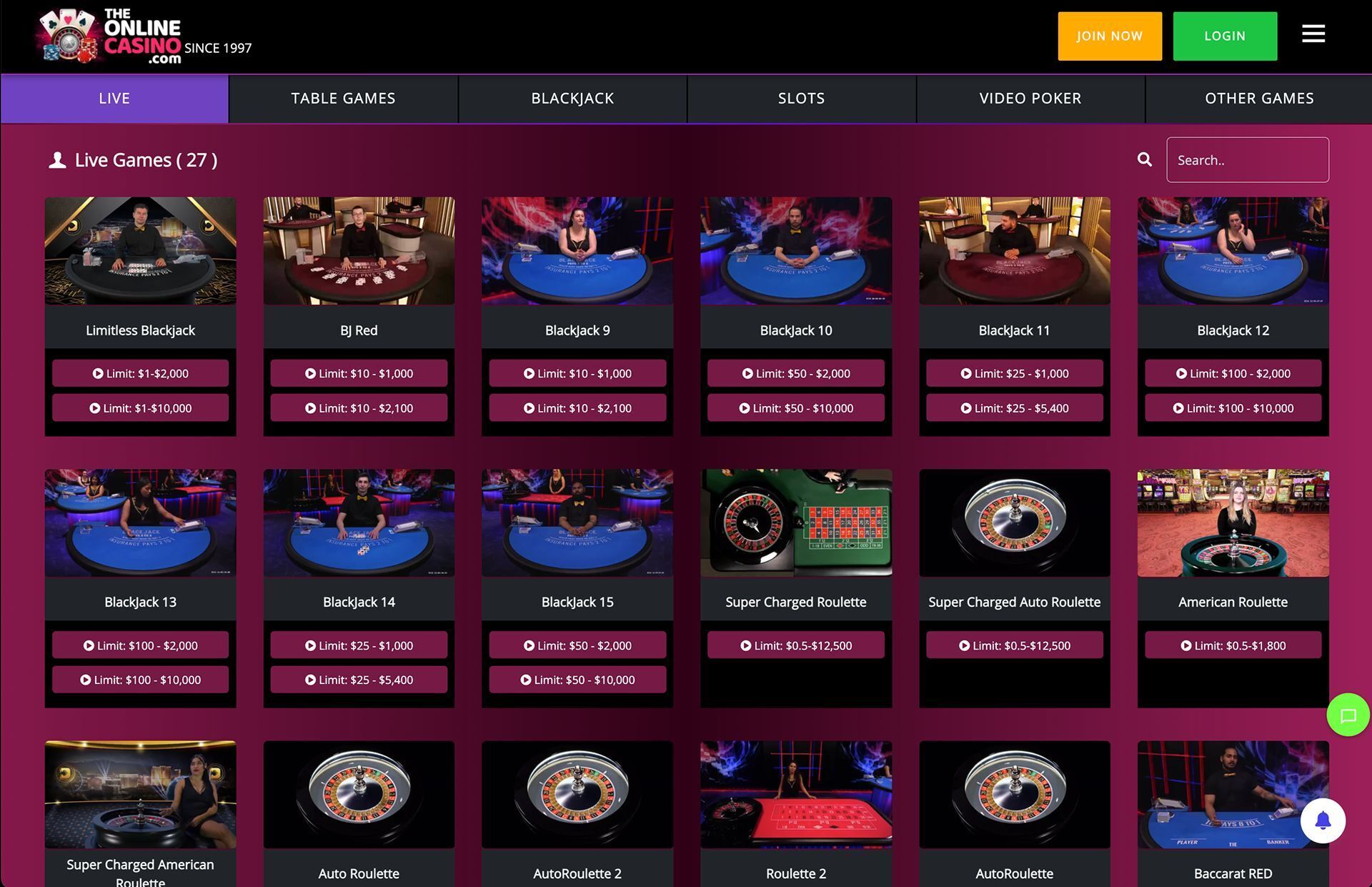 The Online Casino Live Dealer Page Screenshot
