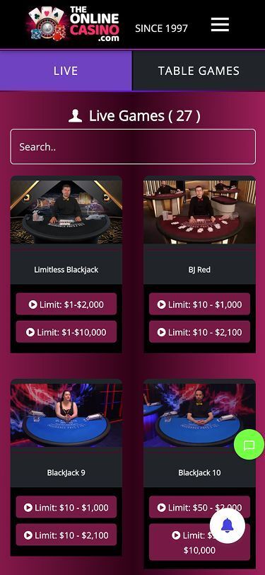 The Online Casino Mobile Live Dealer Page Screenshot