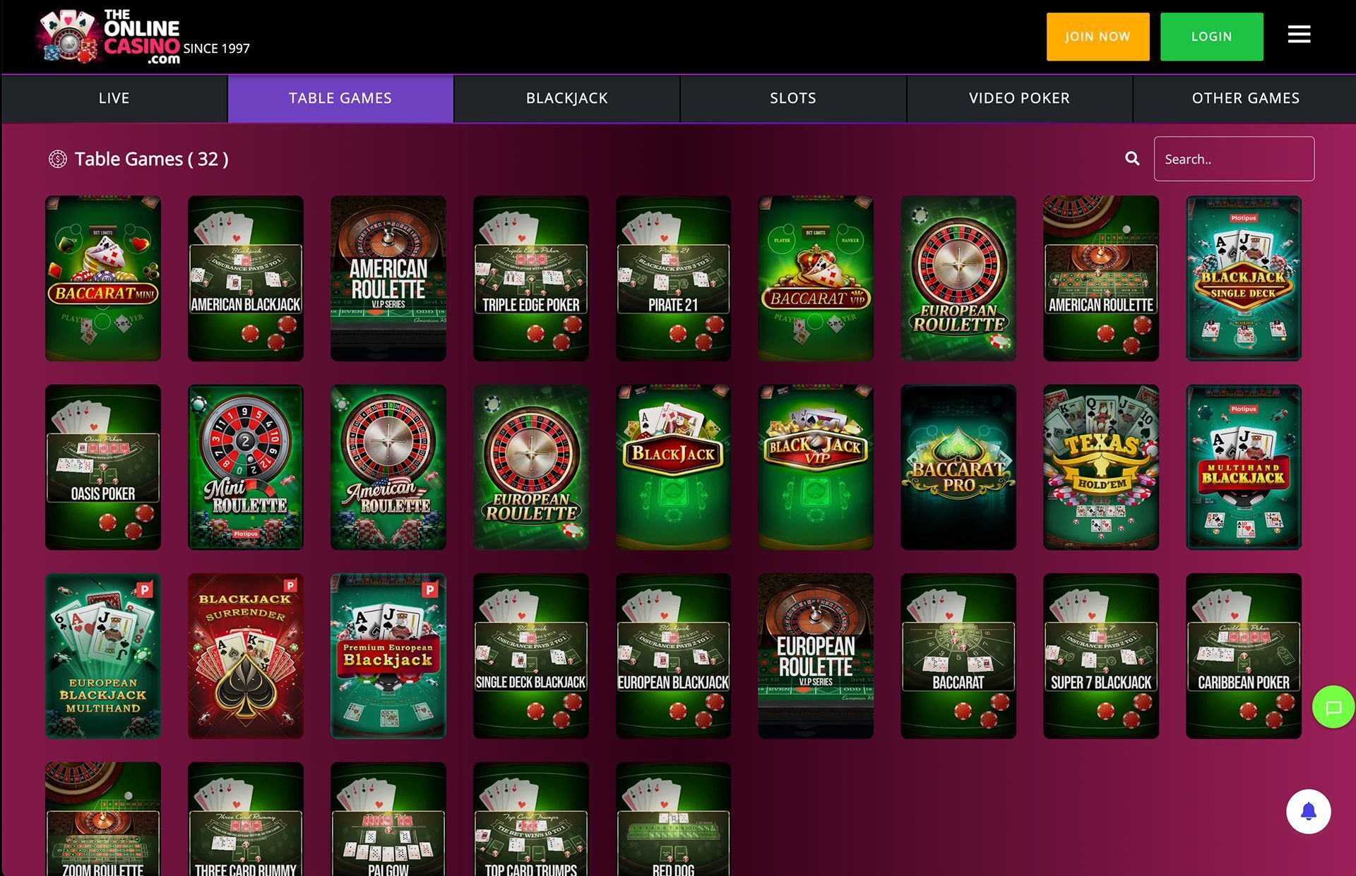 The Online Casino Table Games Page Screenshot