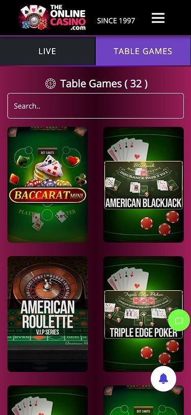 The Online Casino Mobile Table Games Page Screenshot