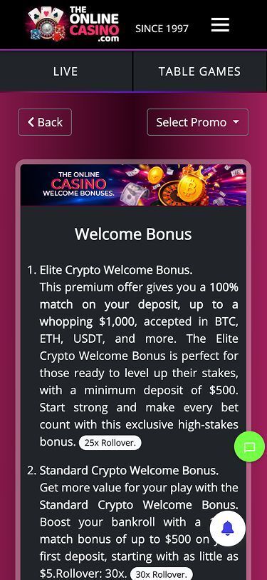 The Online Casino Mobile Welcome Bonus Page Screenshot