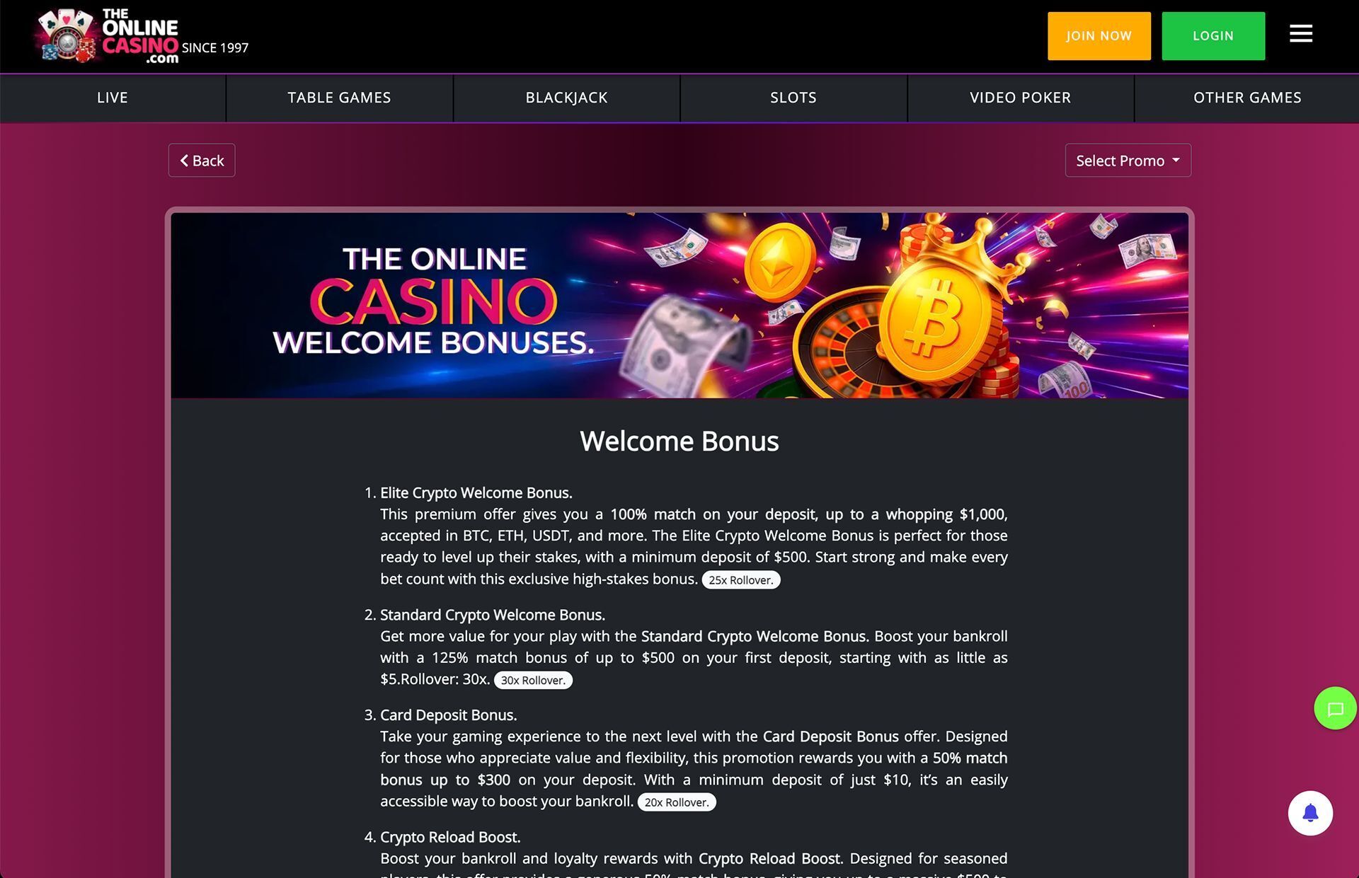 The Online Casino Welcome Bonus Page Screenshot
