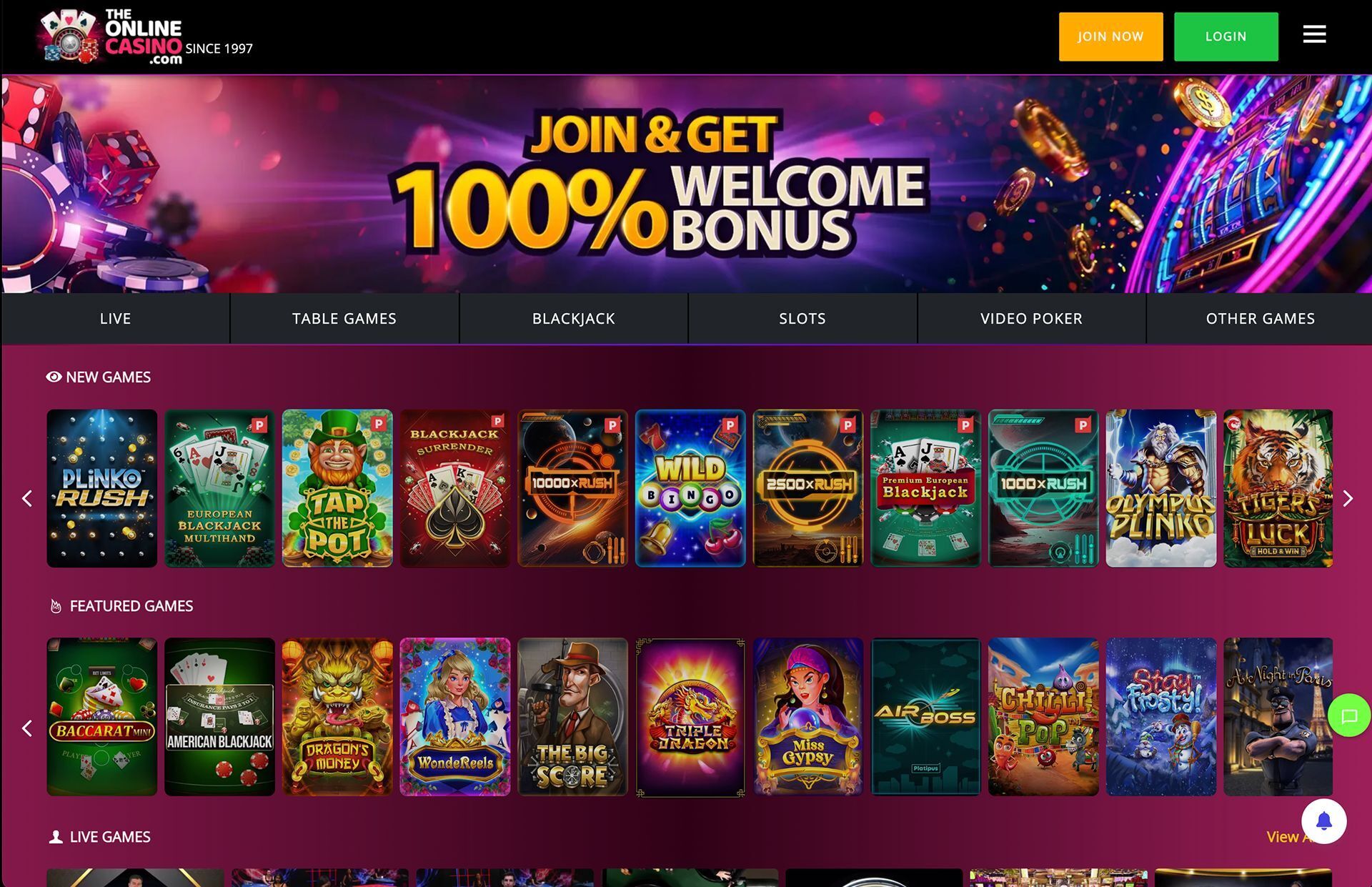 The Online Casino Home Page Screenshot