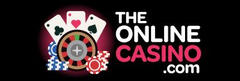 The Online Casino logo, white and pink text with playing cards logo on black background