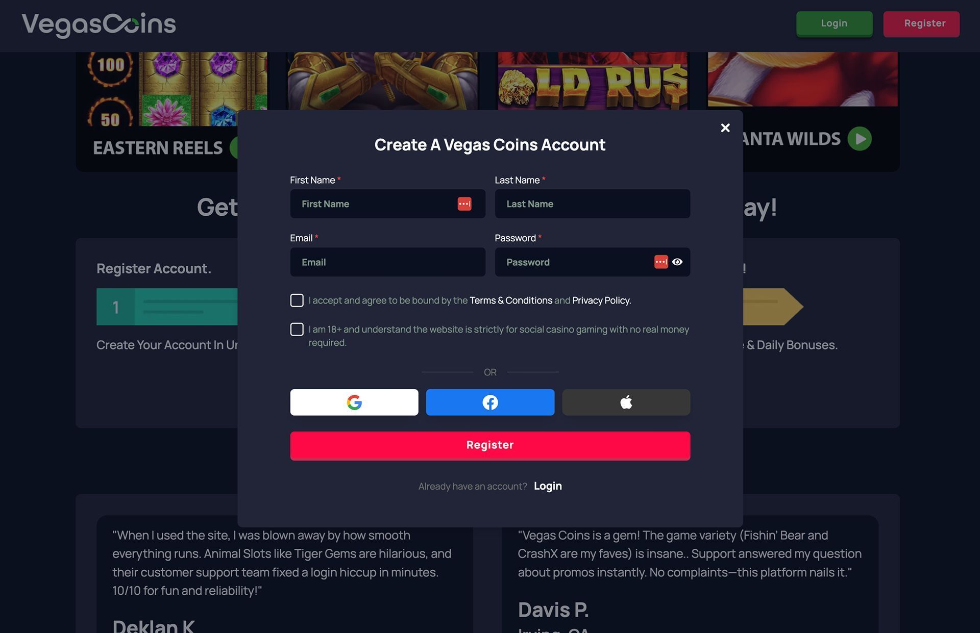 Vegas Coins Registration Screenshot