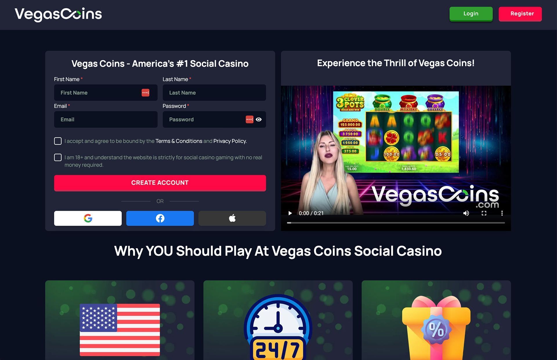 Vegas Coins Homepage Screenshot