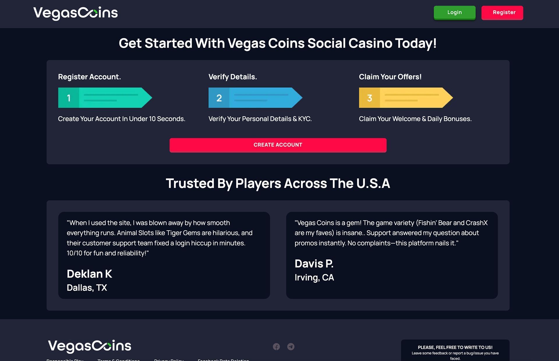 Vegas Coins Registration Screenshot
