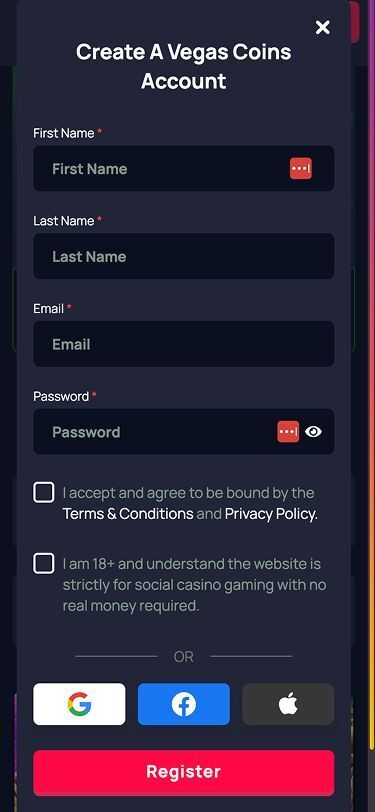Vegas Coins Mobile Registration Screenshot