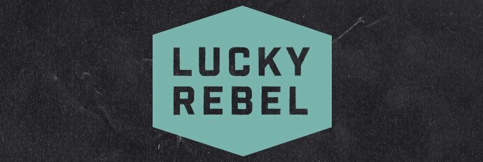 Lucky Rebel logo, dark background, green logo, dark "Lucky Rebel" text