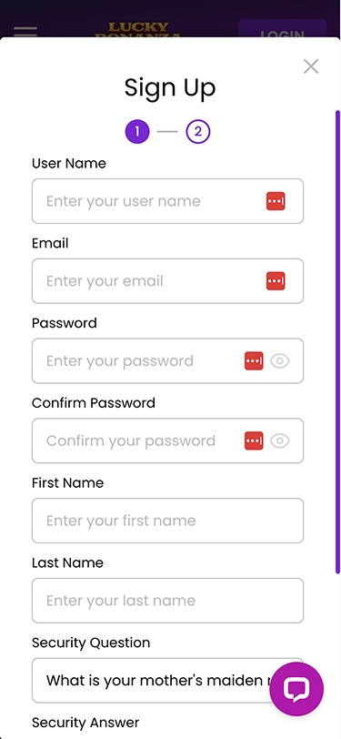 Lucky Bonanza Mobile Signup Page Screenshot