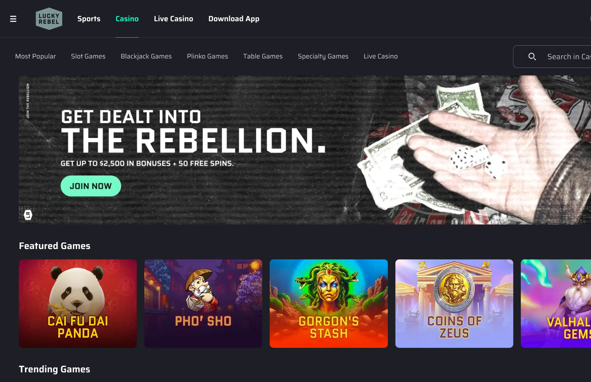 Lucky Rebel Casino Live Casino Page Screenshot