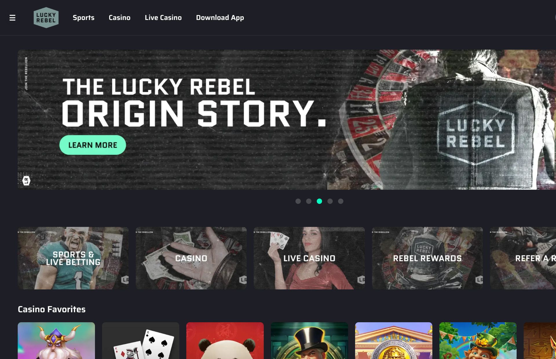 Lucky Rebel Casino Live Homepage Screenshot