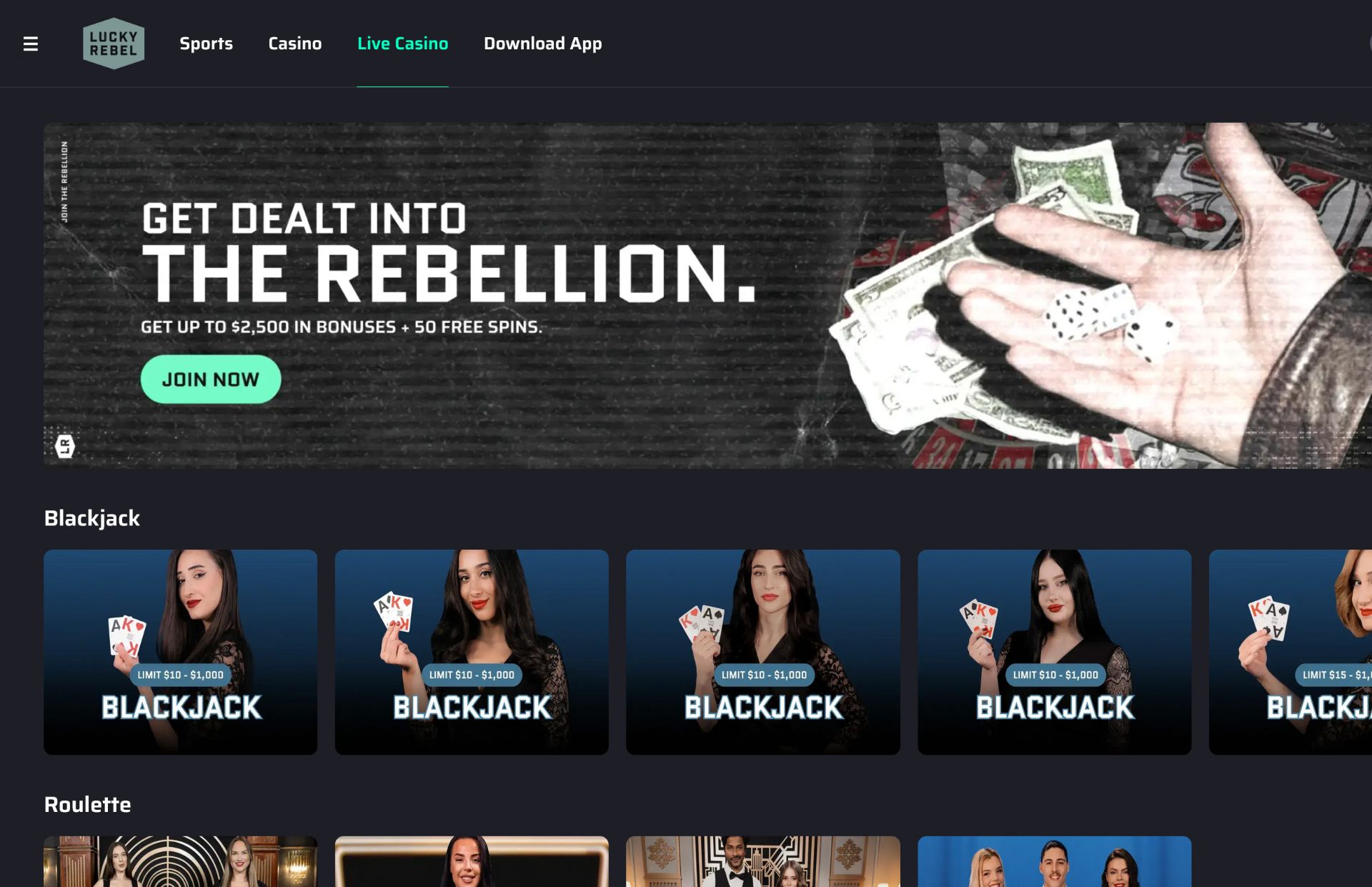 Lucky Rebel Casino Live Casino Page Screenshot