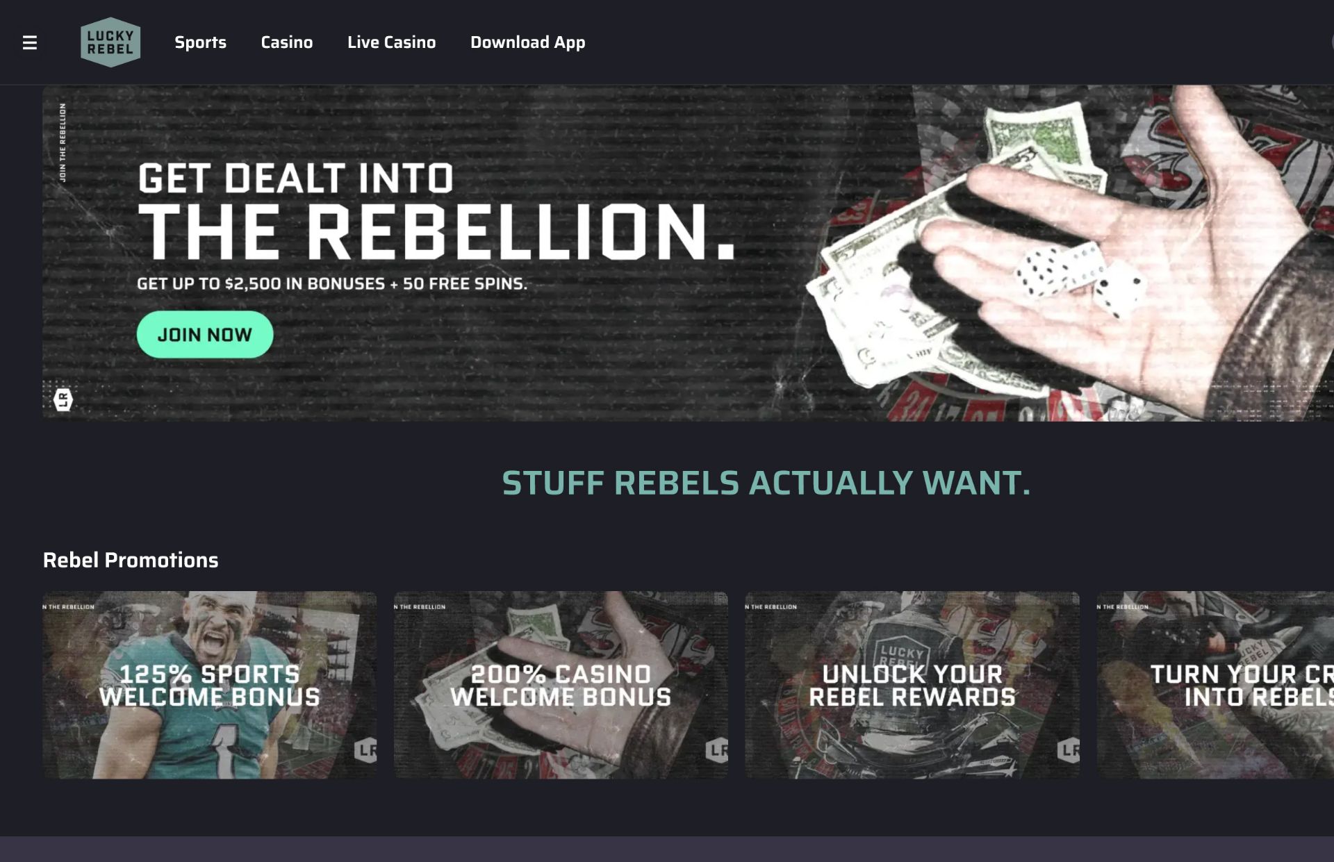 Lucky Rebel Casino Promotions Page Screenshot