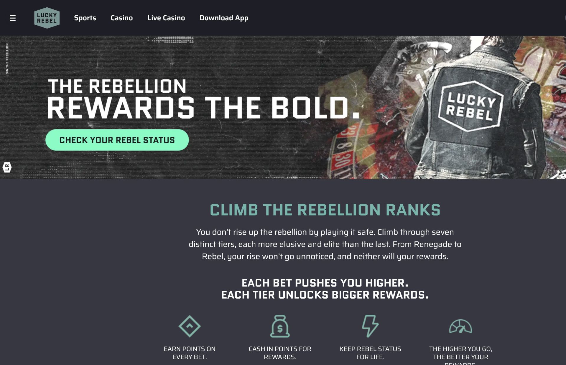 Lucky Rebel Casino Rewards Page Screenshot