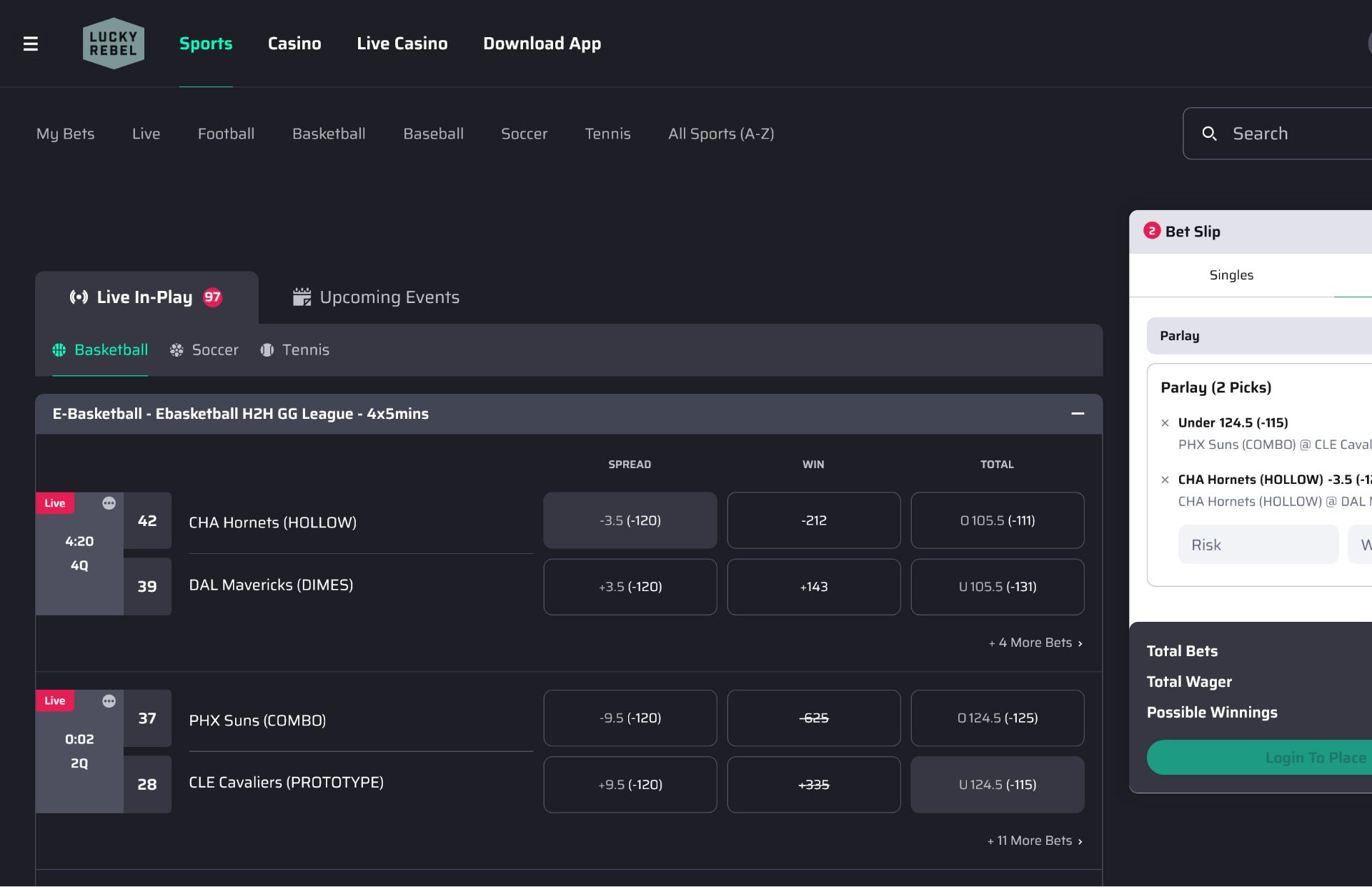 Lucky Rebel Casino Sportsbook Page Screenshot