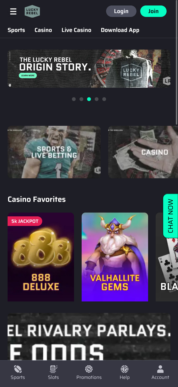 Lucky Rebel Casino Mobile Homepage Screenshot