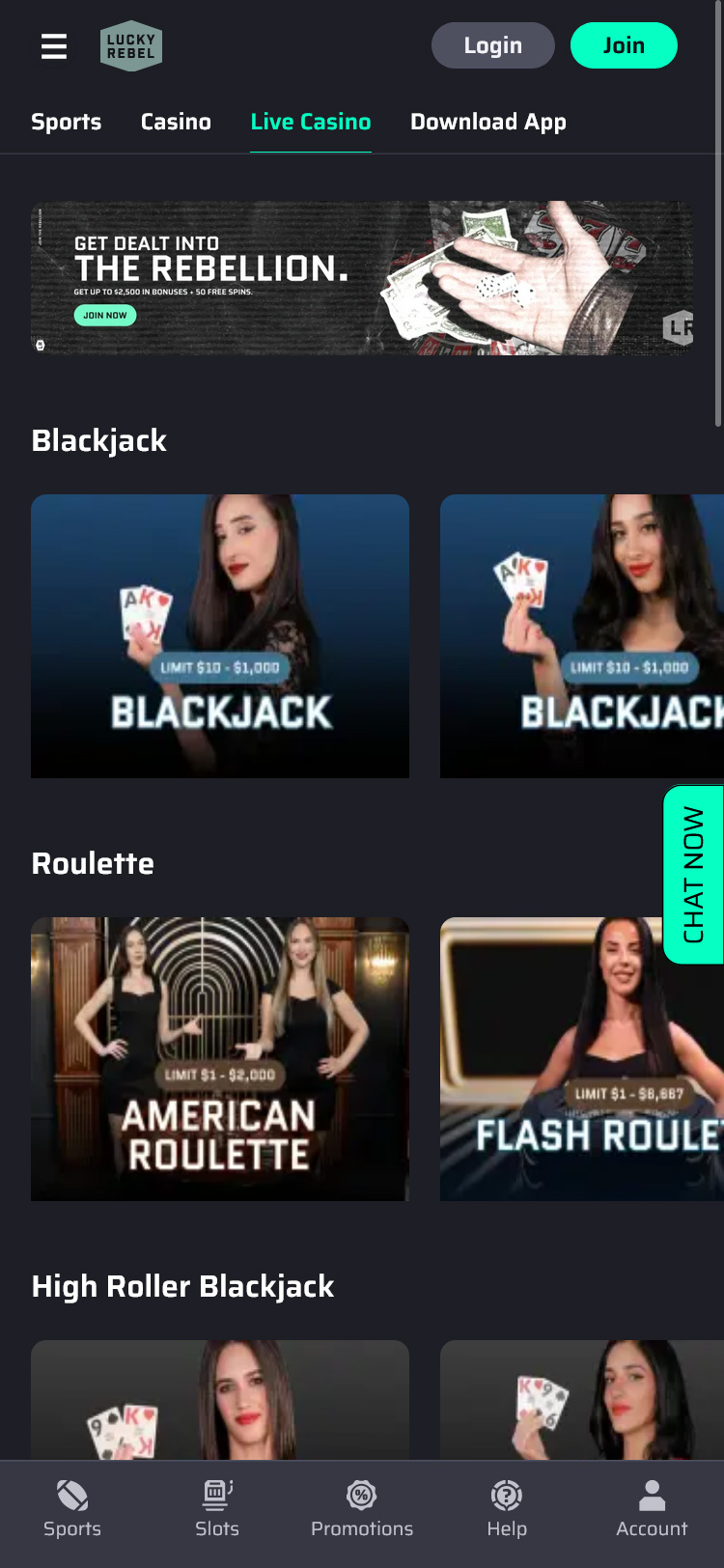 Lucky Rebel Casino Mobile Live Casino Page Screenshot