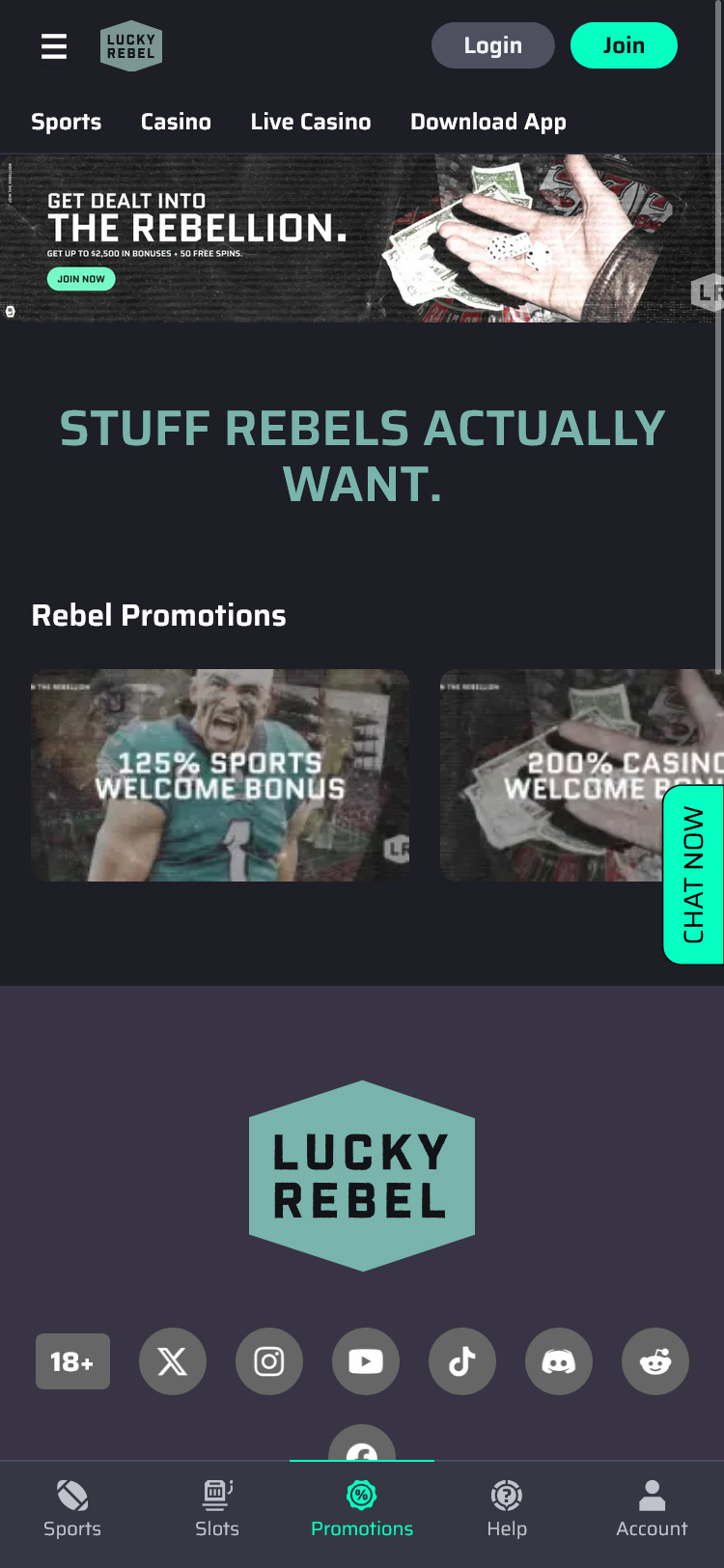 Lucky Rebel Casino Mobile Promotions Page Screenshot