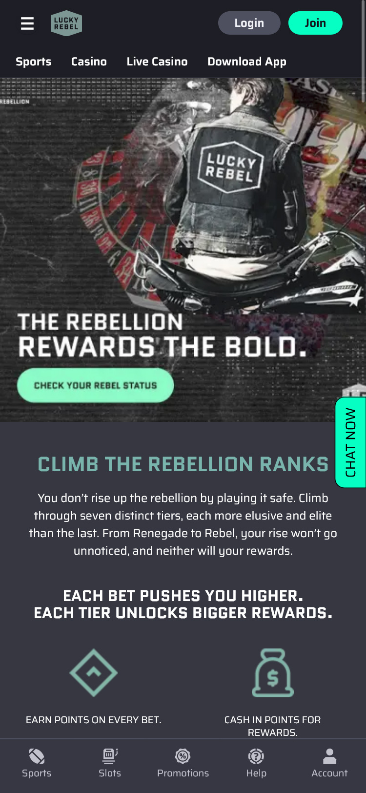Lucky Rebel Casino Mobile Rewards Page Screenshot