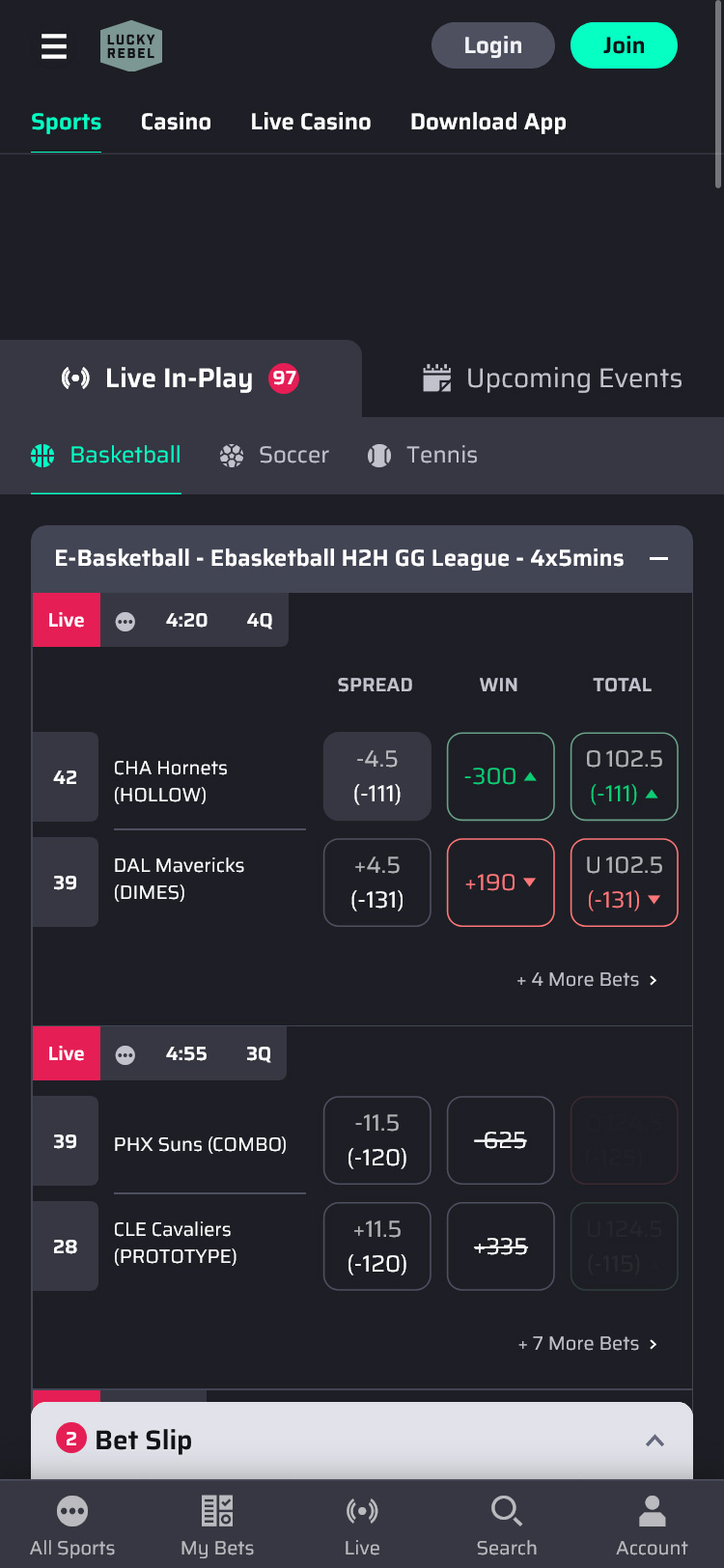 Lucky Rebel Casino Mobile Sportsbook Screenshot
