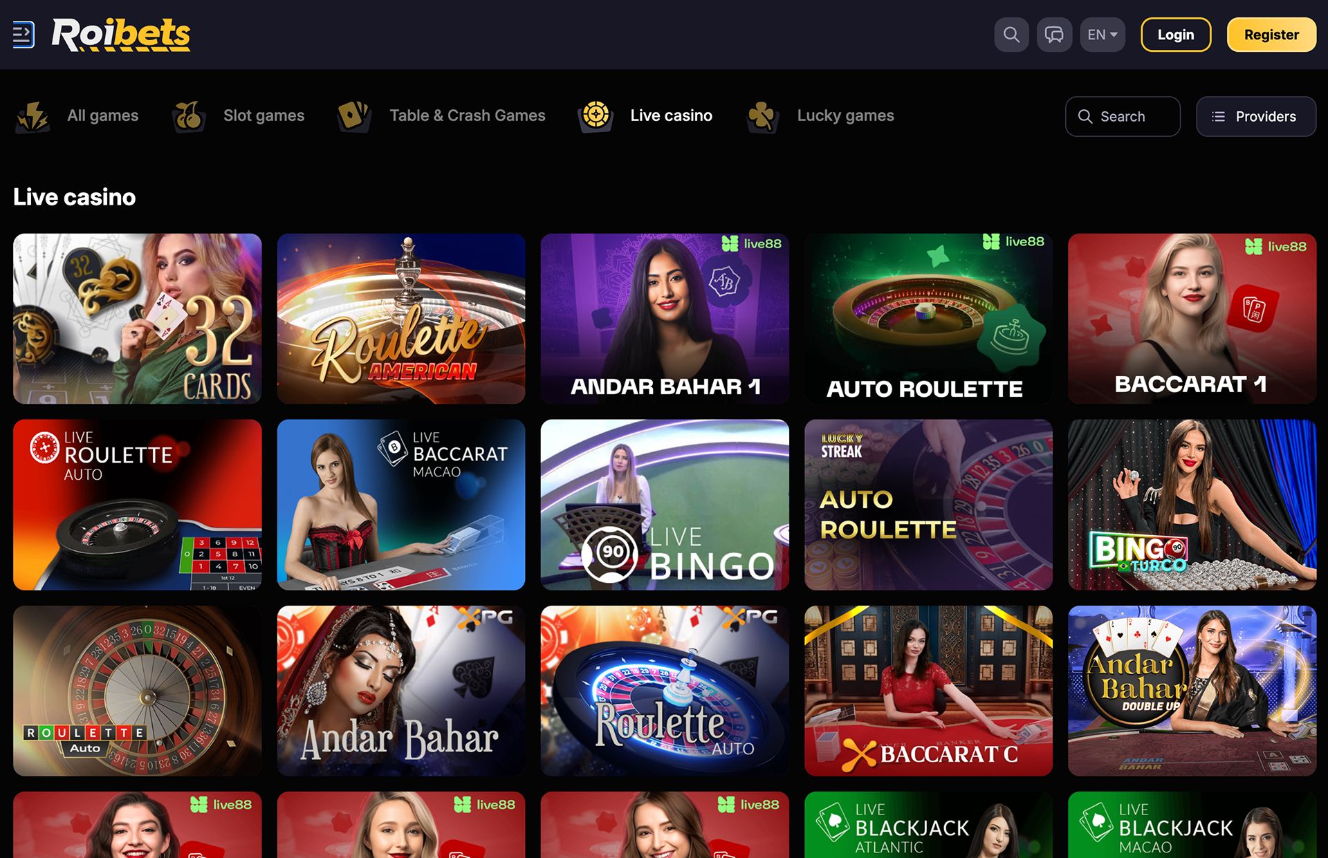 RoiBets Live Casino Page Screenshot