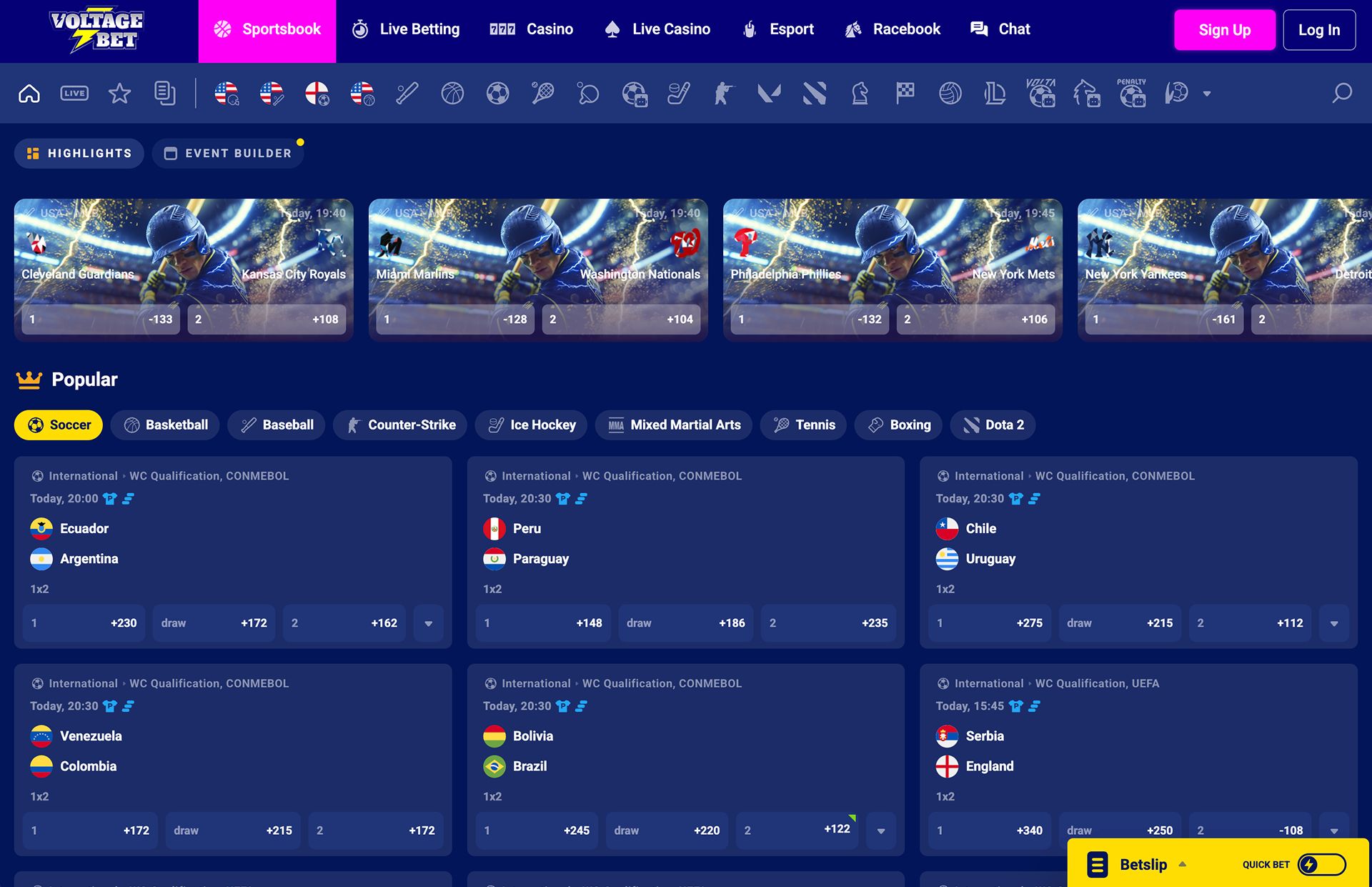 Voltage Bets Popular Sports Page Screenshot
