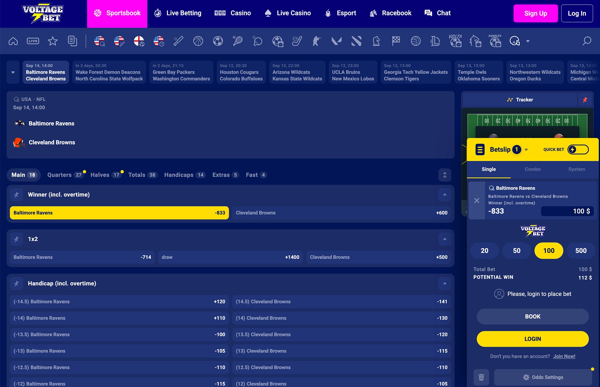 Voltage Bets Sportsbook Page Screenshot